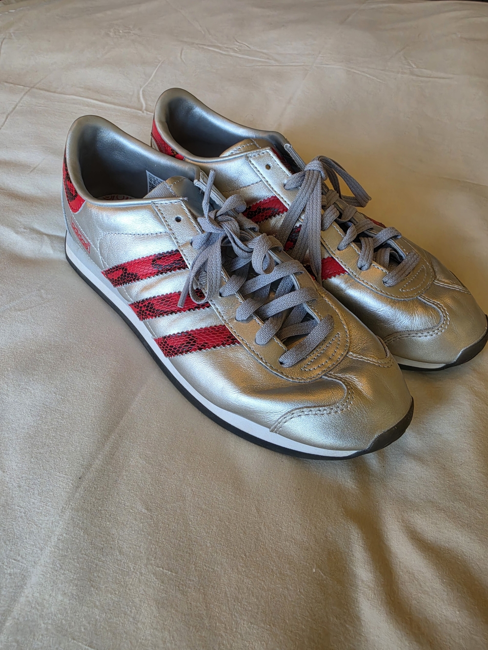 adidas Japan silver sneakers with Red Stripe Accents